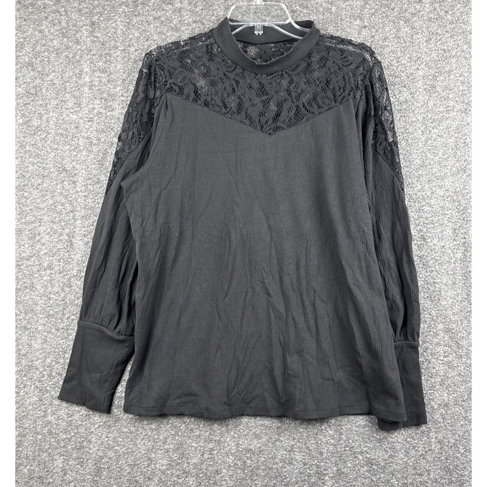 Maurices Top XXL Black Ribbed Knit Floral Lace Yoke Long Sleeve Mock Neck Plus